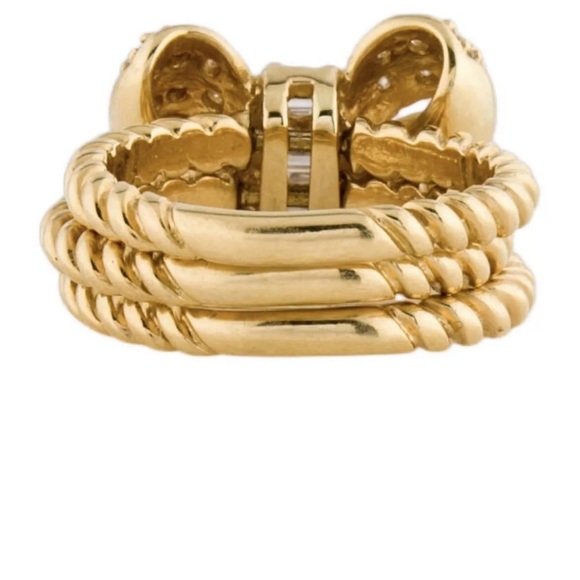 18k Yellow Gold Diamond Bow Ring,  Cable Triple band size 6.5